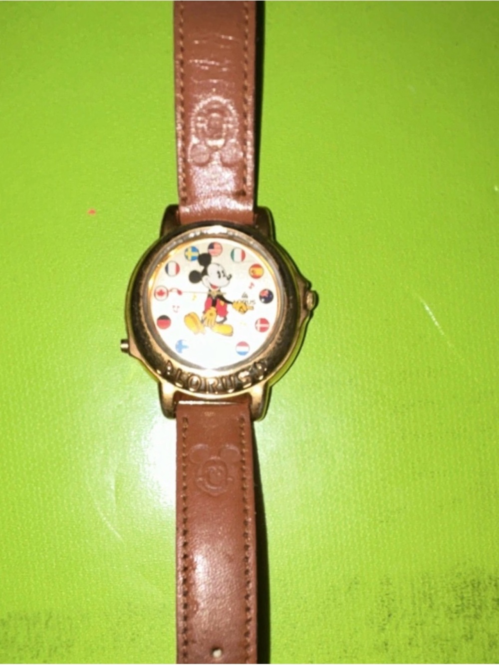 Disney Mickey Mouse Gold Tone Watch with Brown Leather Strap